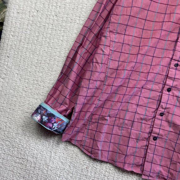 Au Noir Pink Dress Button Down Shirt Geometric Grid Watercolor Design Men Sz 7 - Picture 5 of 15